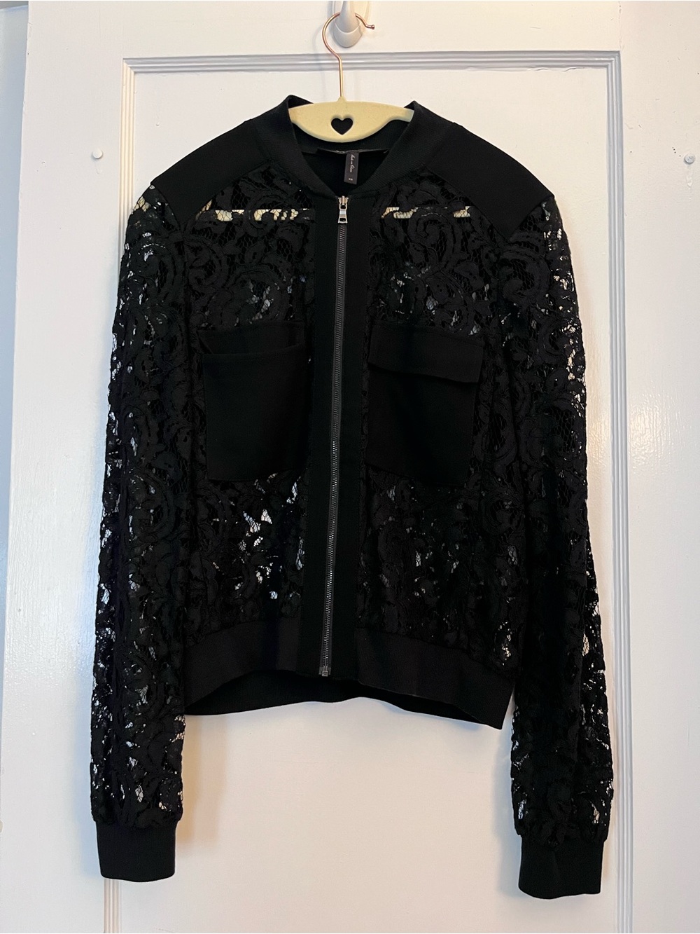 BCBGMaxAzria Black Lace Bomber Jacket with Patch Pockets and Zip Front
